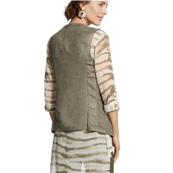 Chico's Size 3 (XL/16) Perforated Drape Faux Suede Vest Laser Cut Olive Green - Picture 2 of 5